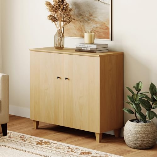 WAMPAT 35.4" Wood Sideboard Buffet Table with 2 Doors – Small Oak Credenza Storage Cabinet for Dining Room & Kitchen, Modern Coffee Bar with 3 Compartments for Living Room & Hallway - color: Oak, size: 35.4" W