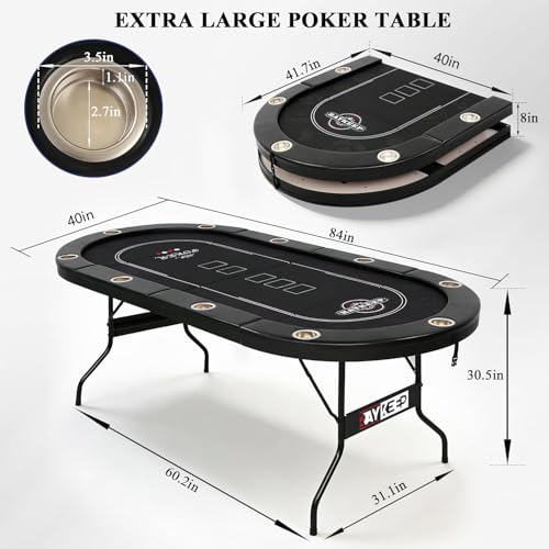 RAYKEEP 84" Poker Table for 10 Players, Foldable Texas Holdem Table with Padded Rails & 10 Cup Holders, Portable Casino Board Game Table for Game Room, Blackjack, Party (Black) - color: 84“