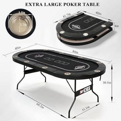 RAYKEEP 84" Poker Table for 10 Players, Foldable Texas Holdem Table with Padded Rails & 10 Cup Holders, Portable Casino Board Game Table for Game Room, Blackjack, Party (Black) - color: 84“