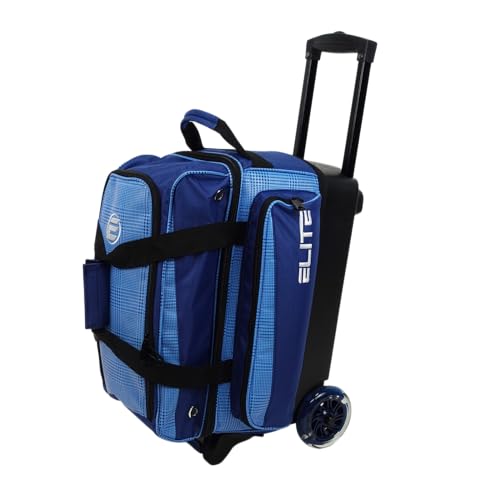 ELITE Deluxe 2 Ball Bowling Bag with 5" Smooth Wheels - Large Accessory Pocket, Shoe Compartment, 36" Extendable Handle - color: Navy Plaid
