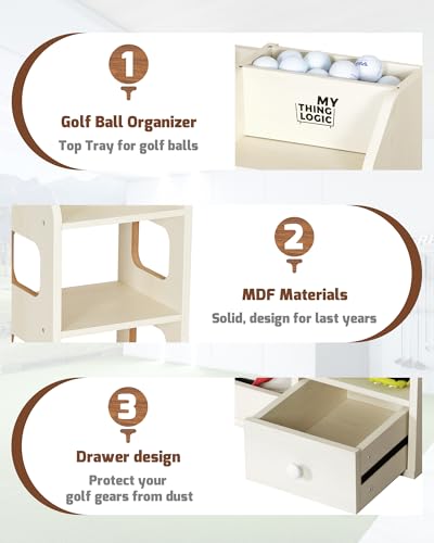 Mythinglogic Wooden Golf Bag Storage Rack, Golf Organizer with Shoe Shelves, Ball Holder & Drawer, MDF Golf Equipment Storage Cabinet for Home, Garage or Simulator Room - size: 2 golf bag rack-White