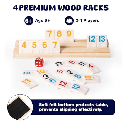 Rummy Cube Game Set, 106 Rummy Tiles with 4 Wooden Racks/Trays, Portable Carrying Case, Classic Family Board Game for Travel and Fun Gatherings - style: 4 players with 106 tiles