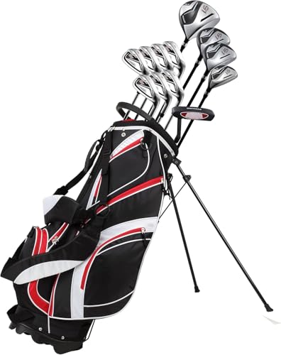 Precise S7 Men's Complete Right Handed Golf Club Set | Complete Regular & Tall Mens Golf Clubs Set | with 4 HC's, Lightweight Shafts & Spacious Stand Bag w/Storage Pockets & Dual Straps for Carrying - size: Tall +1" Size, style: Red