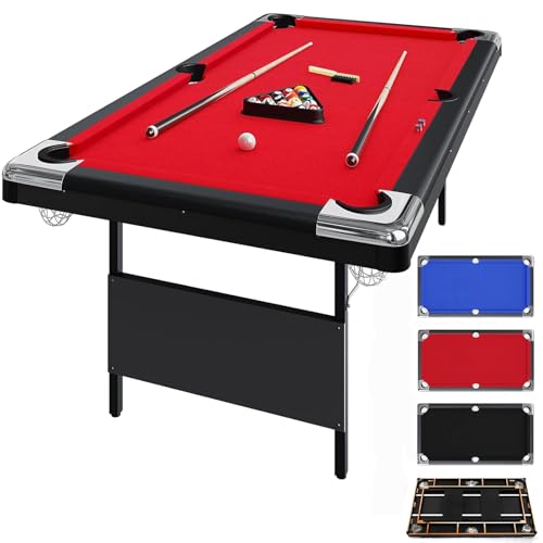 GarveeLife 6 Foot Pool Table, Folding Pool Table, Portable Billiards Tables Includes Full Set of Billiard Balls, 2 Cue Sticks, Chalk & Felt Brush for Family Game Room - color: Red