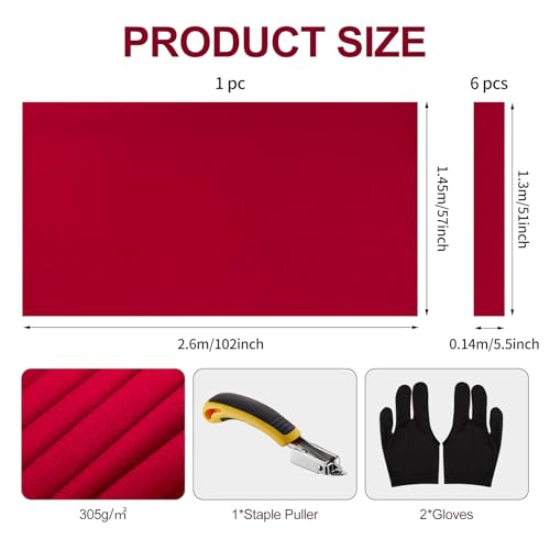 STRONGBERRY Pre-Cut Pool Table Felt Replacement Kit - 8ft Billiard Cloth w/Gloves, Strips & Tools, Felt for Pool Tables - color: RED