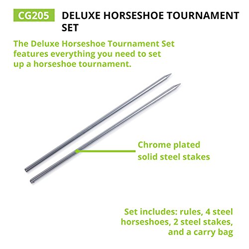 Champion Sports Horseshoe Set: Traditional Outdoor Lawn Game includes Four Professional Solid Steel Horseshoes with Solid Steel Stakes & Carrying Storage Case - style: Tournament Set