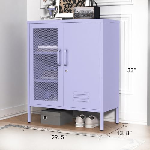 Accent Cabinet Locker, Lockable Storage Cabinet with Mesh & Metal Doors, 3-Tier Heavy Duty Steel Cabinet with 2 Adjustable Shelves, for Living Room, Home Office Purple 33"H x 29.5"W x 13.8"D - color: Lilac, style: Cabinet-33"H-SW