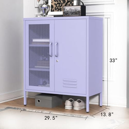 Accent Cabinet Locker, Lockable Storage Cabinet with Mesh & Metal Doors, 3-Tier Heavy Duty Steel Cabinet with 2 Adjustable Shelves, for Living Room, Home Office Purple 33"H x 29.5"W x 13.8"D - color: Lilac, style: Cabinet-33"H-SW