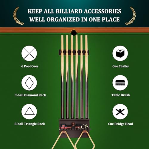 Wall Mount Pool Stick Holder, Bamboo Billiards Cue wall Rack for 6 Cues and Pool Table Accessories Storage Equipment Organizer, Dark Brown