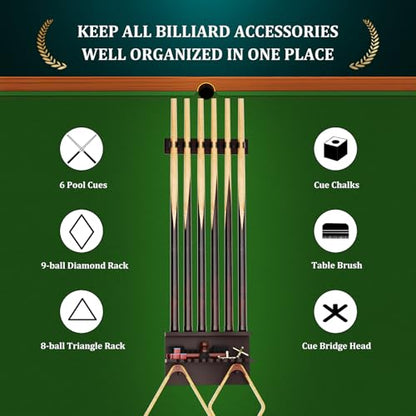 Wall Mount Pool Stick Holder, Bamboo Billiards Cue wall Rack for 6 Cues and Pool Table Accessories Storage Equipment Organizer, Dark Brown