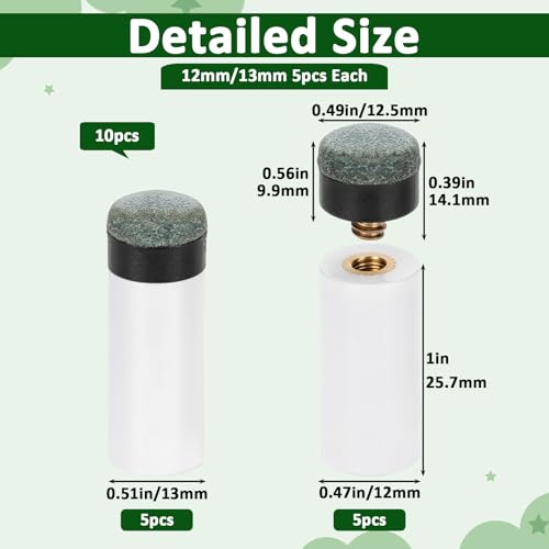 10PCS Pool Cue Tips Replacement Kit, Screw On Pool Stick Tips, Pool-Cue Tip with White Ferrules for Snooker and Pool-Cues, No Need Glue or Clamp (12mm/13mm, 5pcs of Each Size)