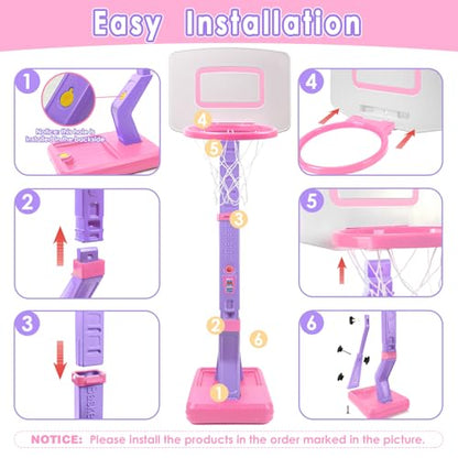 Toddler Basketball Hoop Indoor Outdoor - Height Adjustable 27.6-54 Inches (5 Slots), Kids Basketball Hoop with 4 Inflatable Balls & Pump, Safe Toddler Toys for 1-6 Year Old Boys Girls - color: pink