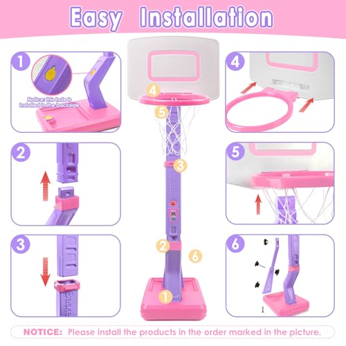 Toddler Basketball Hoop Indoor Outdoor - Height Adjustable 27.6-54 Inches (5 Slots), Kids Basketball Hoop with 4 Inflatable Balls & Pump, Safe Toddler Toys for 1-6 Year Old Boys Girls - color: pink