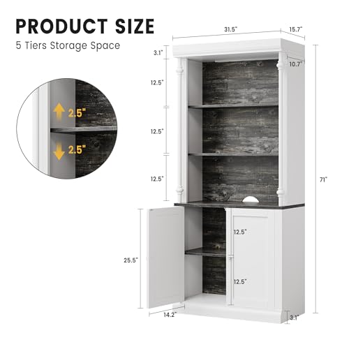 GarveeHome Tall Storage Bookcase with 3-Tier Open Shelves and Double Door, Roman Column Design and 4 Adjustable Lights, White & Black Wood Grain Display Storage Cabinet for Home Office, Living Room
