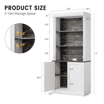 GarveeHome Tall Storage Bookcase with 3-Tier Open Shelves and Double Door, Roman Column Design and 4 Adjustable Lights, White & Black Wood Grain Display Storage Cabinet for Home Office, Living Room