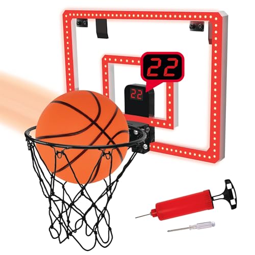 Over-The-Door LED Basketball Hoop with Electronic Scoring & Sound, Light-Up Backboard, Indoor Mini Sports Game, Includes Countdown Timer, Mute Mode, Metal Rim, Easy Setup
