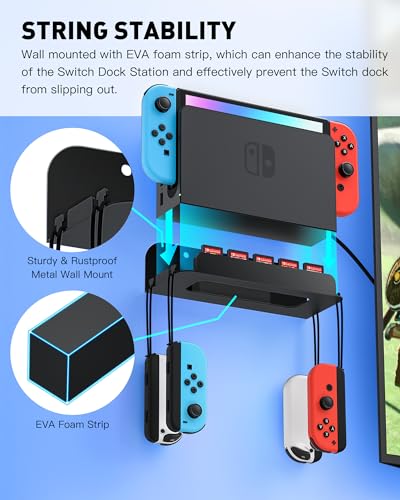 Wall Mount for Nintendo Switch and Switch OLED with 2 Controller Wall Holders, Metal Wall Mount Kit Stand with 5 Game Card and 4 JoyCon Shelfs, Safely Store Console Near or Behind TV, Black - color: Black Kit