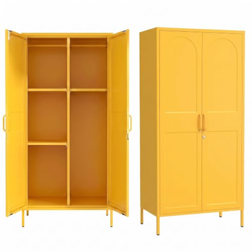 Lockable Closet Metal Wardrobe 67" Yellow 2 Door Wardrobe Bedroom Storage Cabinet Adjustable shelf Multi functional metal Storage Cabinet with hanging rail for domestic use 18.1" D x 31.5" W x 67" H - color: Yellow, style: armoire-67"H-DU