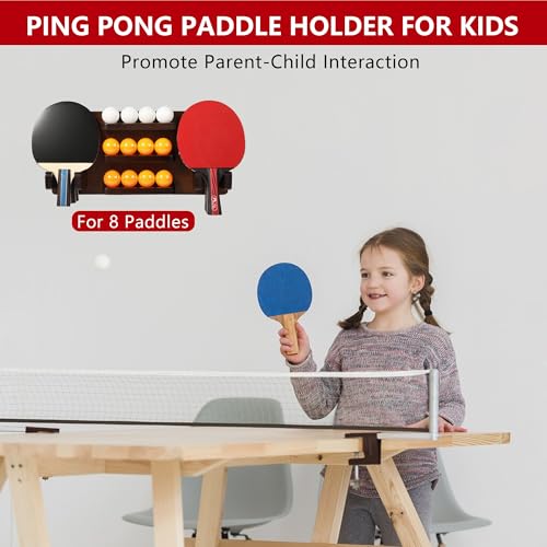 Ping Pong Paddle Holder, Ping Pong Paddle Storage Rack Wall Mounted Holds 8 Paddles and 12 Balls, Table Tennis Racket Display Organizer for Game Room,Home - color: Brown