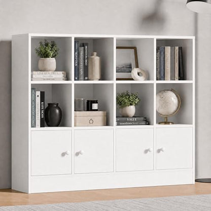 Cozy Castle White Wood Bookcase, 12 Cube Display Shelf with 4 Doors, 3 Tier Open Bookshelf with Adjustable Shelves for Living Room, Home Office, Entryway - color: White