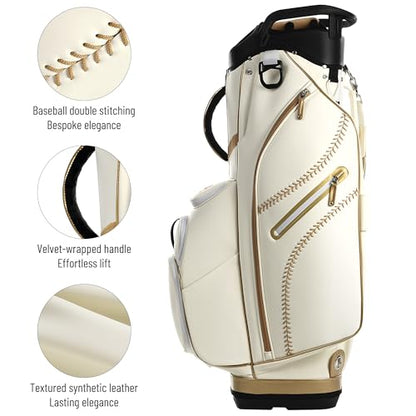 uniHimal Golf Cart Bag with 14-Way Full-Length Dividers, Premium PU Leather Golf Bag for Men Women with Plush Top, Magnetic Pocket and Rain Cover, Lightweight Golf Club Bag Includes Cooler Pockets - color: Beige Gold