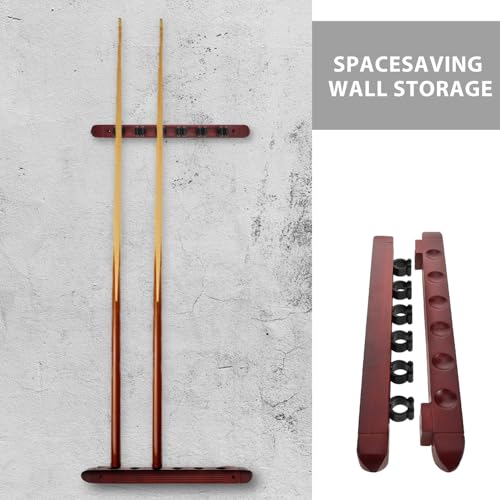 Cabilock 2 Sets 6-slot Wall Mounted Billiard Rack Wooden Pool Cue Holder Wine Red Solid Wood Pool Stick Organizer for Game Room Bars Billiard Players