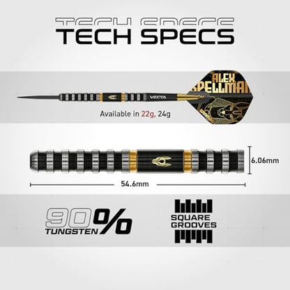 Winmau Professional Player - Alex Spellman Series - 90% Tungsten Darts Set with Dart Flights and Dart Shafts (Stems) - Available in Soft Tip 18g Barrel/20g Full Weight and Darts Metal Tip 22g & 24g - size: 22G - Steel Tip