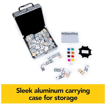Spin Master Games, Mexican Train Dominoes Set in Aluminum Carry Case, Includes Colorful Trains for Fun-Filled Family Game Night, for Kids & Family, 2-8 Players, for Ages 8 & Up