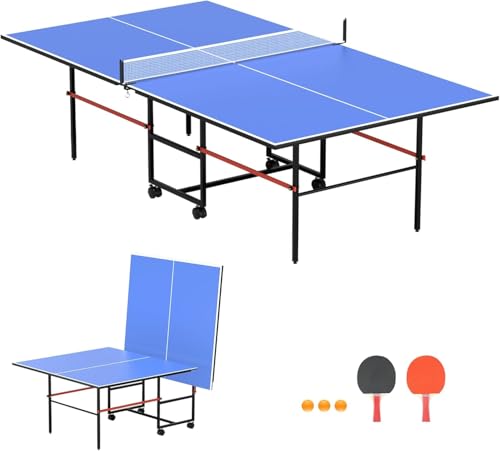 8X4FT Foldable Ping Pong Table,Professional Table Tennis Table with Net, 2 Table Tennis Paddles and 3 Balls - Tournament Quality for Indoor/Outdoor - color: Blue