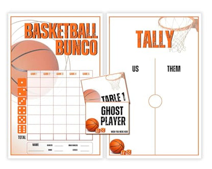 Basketball Bunco Game Set – Sports Theme with Scorecards, Tally Sheets, Table Cards & Ghost Player – Fun Dice Game Kit for Adults, Christmas Parties & Girls Night