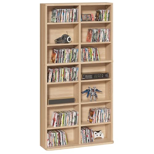 7 Tier Tall Display Cabinet, Natural Media Storage Cabinet with Adjustable Shelves, Free Standing DVD Organizer Shelf, Floor multimedia storage manga bookshelf for Living Room & Home Office. - color: Natural, size: 7-Tier