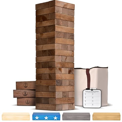 GoSports Giant Wooden Stacking Game - Stacks Up to 5 ft - Choose Brown Wood Stain, Gray, Natural, Stars & Stripes, or Tropical Hardwood - Toppling Tower - color: Brown