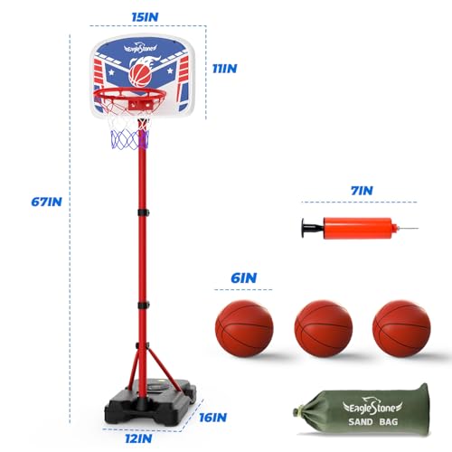 EagleStone Kids Basketball Hoop with Stand, Adjustable Height Basketball Set Toddler Toys for Boys and Girls Age 3-12, Indoor Outdoor Backyard Sport Game Gift with Sandbag for Stability