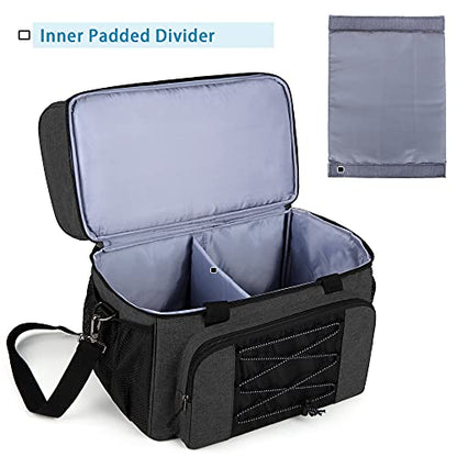 DSLEAF Bowling Bag for 2 Balls, Bowling Tote with Wooden Bowling Cups and Padded Divider for Double Ball and A Pair of Bowling Shoes Up to Mens 16 and Extra Essentials (Patent Design), Bag Only - color: black