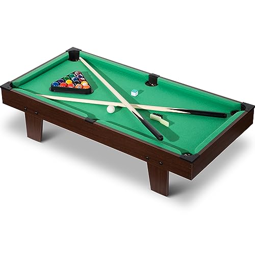 Portable Pool Table & Billiard Set, Mini Billiards Game, Small Tabletop Pool Set Includes Balls, Sticks, Chalk, Brush & Triangle for Family
