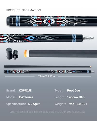 CRICAL COWCUE 58-Inch Carbon Fiber Pool Cue, Low Deflection, 12.5mm Tip | Adjustable pool cue with 3/8x8 joint for stable control, regular billiards practice and pool hall play. - color: CW-01 Set