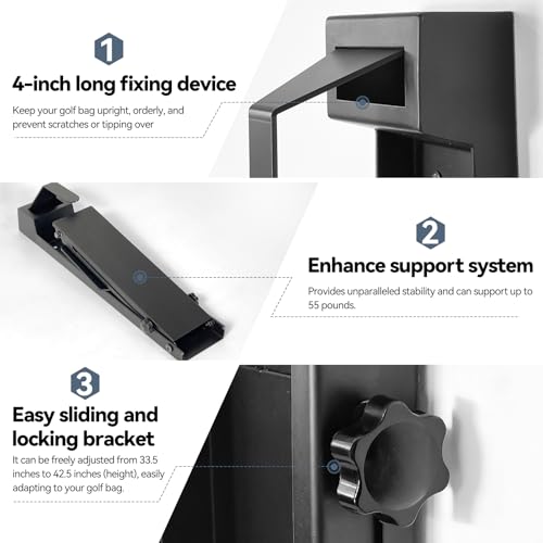 Adjustable Wall Mount Golf Bag Holder - 33.5" to 42.5" Tool-Free Length Adjustment, Heavy-Duty Alloy Steel Storage Rack for Garage, Home, and Golf Club - size: 33.5"-42.5" & 4.8"