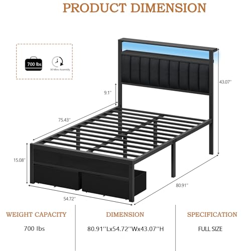 Furnulem Full Size Bed Frame with Charging Station and LED Lights, Grey Upholstered Headboard with Shelves, Metal Platform Bed with 2 Under-Bed Storage (Fabric Drawer on Wheels), No Box Spring Needed - size: Full