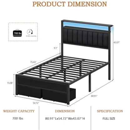 Furnulem Full Size Bed Frame with Charging Station and LED Lights, Grey Upholstered Headboard with Shelves, Metal Platform Bed with 2 Under-Bed Storage (Fabric Drawer on Wheels), No Box Spring Needed - size: Full