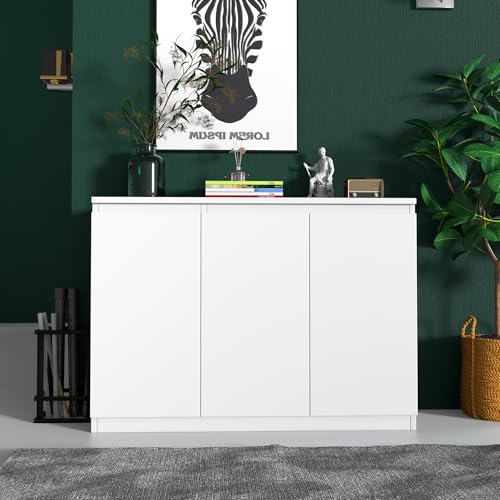 holzart 43" White Buffet Cabinet Sideboard with Storage - Modern 3-Door Kitchen Cupboard & Coffee Bar Station for Dining Room, Living Room, Entryway - Adjustable Shelf, 43.3" W x 31.5" H - color: White