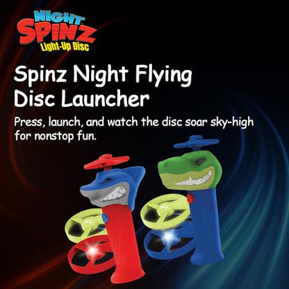 Spinz Night T-Rex Flying Disc Launcher, Light Up Propeller Outdoor Toy with Dinosaur Head and 2 Spinning Discs, Flies Over 30 Ft, 5+ Years - size: T-Rex