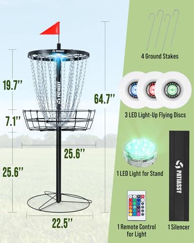 Disc Golf Basket with 24/12 Heavy Duty Chains, Disc Golf Target with Adjustable Height/Sound Reducer & Remote LED Light & Light Up Discs, Durable Practice Goal with Ground Stake for Backyard