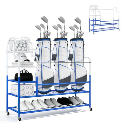 Golf Bag Storage Garage Organizer for 3 Bags, Golf Storage Rack with Wheels | 50% More Space Multi-Zone, All-In-One Compact 5-tier Upscale Sporty Heavy-Duty Rack, 4 360° Casters,Movable Basket,Golf Gifts - size: 3 Golf Bag Rack丨50.4"(L)x15.8(W)"x44.6"(H)