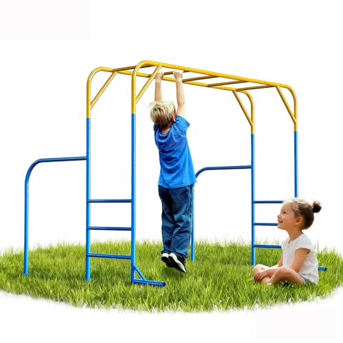 Monkey Bars for Kids, Outdoor Monkey Bar Set with Climbing Frame, Heavy-Duty Metal Playground Climbing Playset for Backyard, Kids Jungle Gym for Aged 3+