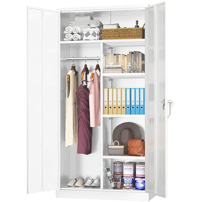 Greenvelly Metal Storage Wardrobe with Lock, White Steel cabinets Locker, 72" X 36" X 18" Metal Cabinet with Adjustable Shelves for Home Office, Garage, School - color: White, style: 72"H-Larger-A