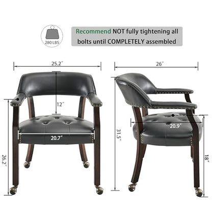Set of 4 Dining Chair with Casters, Accent Captains Leather Chairs with Wheels & Arms,Wheeled Roller Wood Chairs for Kitchen & Game Poker Table,Espresso&Black 318BK(NO Table!) - color: Espresso&black