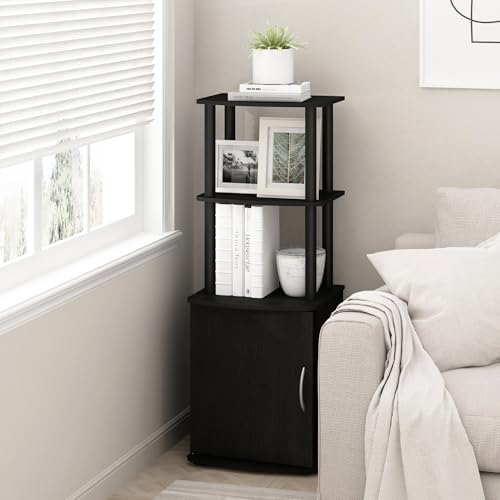 Furinno Turn-N-Tube 3-Tier Black Storage Shelves with Door Cabinet, TV Stand Side Book Shelf, Bookcase, for Organization and Storage, Living Room, Home Office, Blackwood