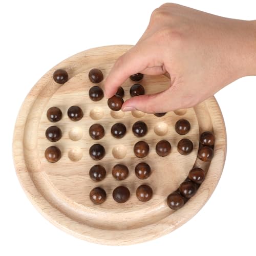 Gothink Solid Wood Solitaire Game, Classic Handcrafted 9'' Wooden Solitaire Board, 33 Smooth Wooden Balls, Single Strategic Mind Game for Kids and Adults - style: Solitaire Game