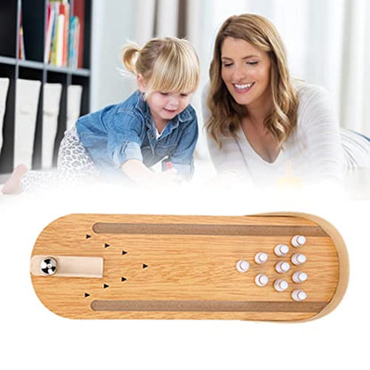 Mini Bowling Game Desktop Wood Set with Adjustable Launch Plate and Metal Ball for Office Stress Relief and Kids Entertainment