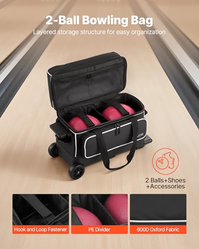 VEVOR Bowling Ball Bag, 2-Ball Bowling Bag with Wheels, Featuring a Separate Compartment for Shoes (Up to US Size 16) & Oversized Accessory Pocket, Retractable Handle Extends to 41.32 in - style: Black-white